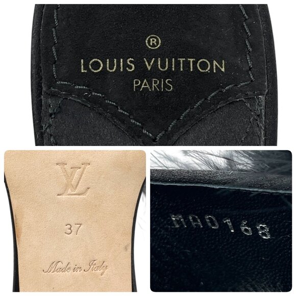 LOUIS VUITTON LV Logo Fur Flats Sandals #37 Rhinestone Black Gold Satin [105937] - Picture 9 of 9